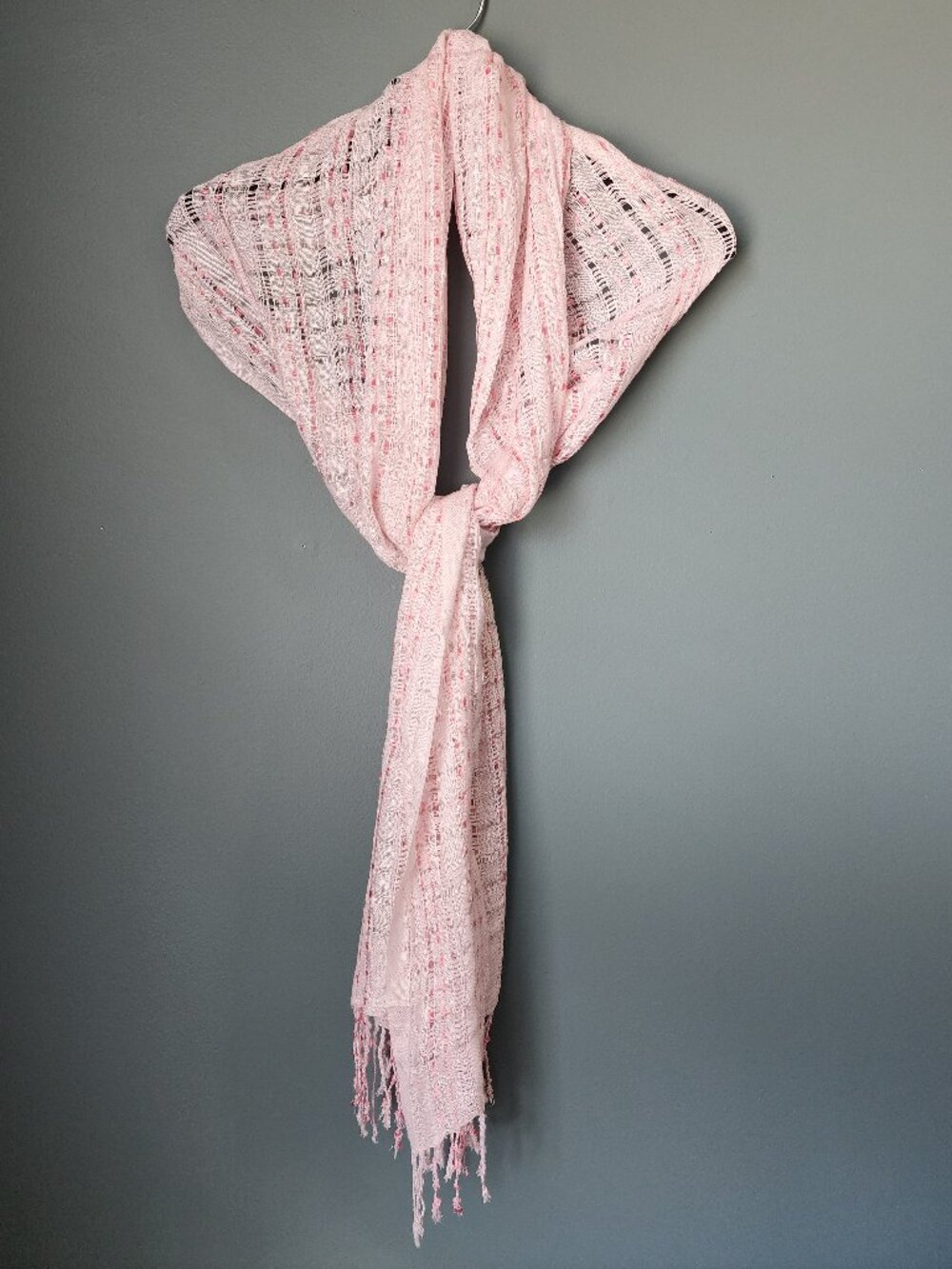 Lightweight Long Open Weave White & Pink Scarf